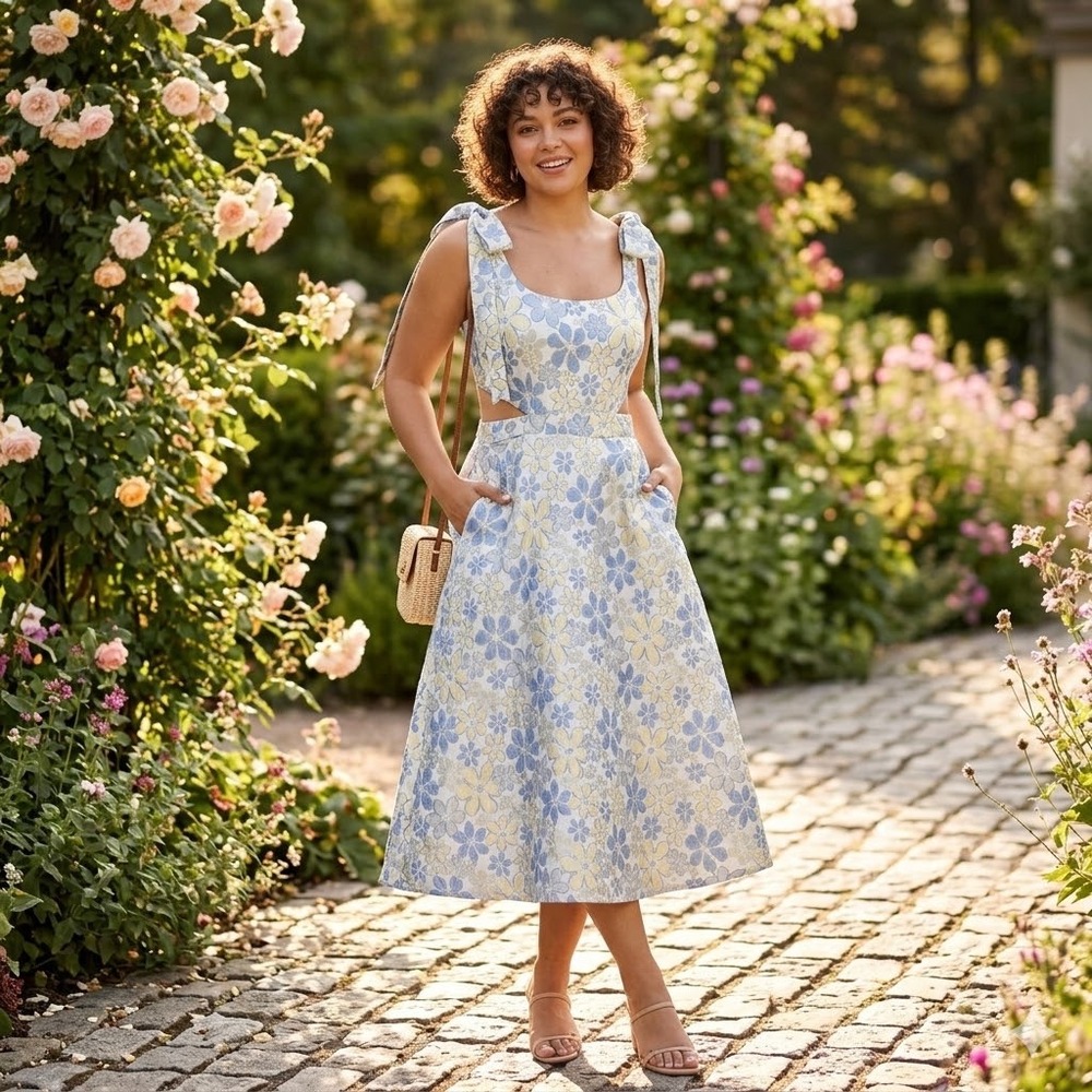 Showpo Blue Gold Floral Jacquard Cut Out Tie Strap Midi Dress Womens 4